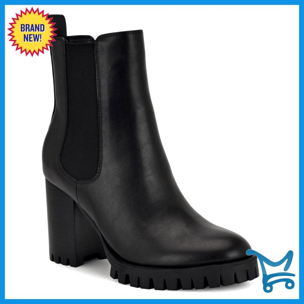 Faux Leather Ankle Booties With High Block Heel, Almond Toe